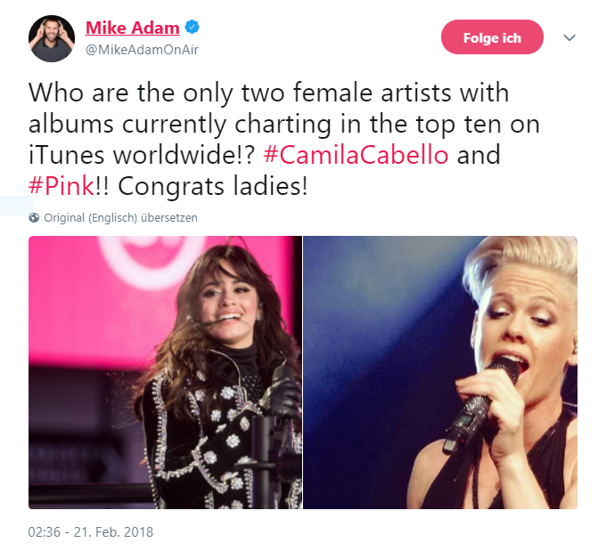 Pink und Camilla Cabellos sind die einzigen Sängerinnen in den Top 10 der weltweiten iTunes Album-Charts